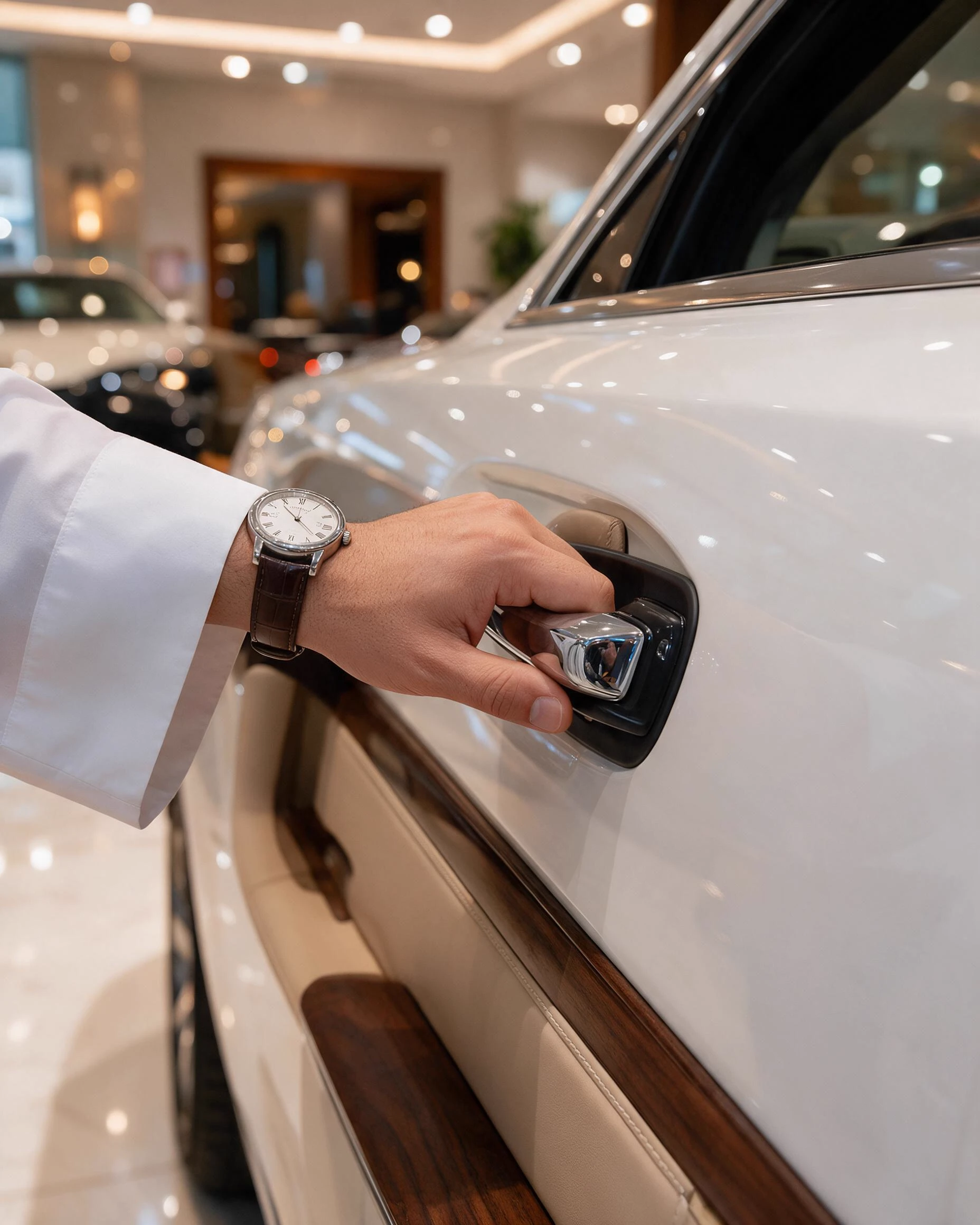 Close detail of a car on the Right Motor showroom floor in Jeblat Hibshi, Bahrain